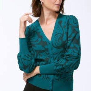 Chico's Women’s Mesh Jacquard Teal and Black Knit Cardigan size large